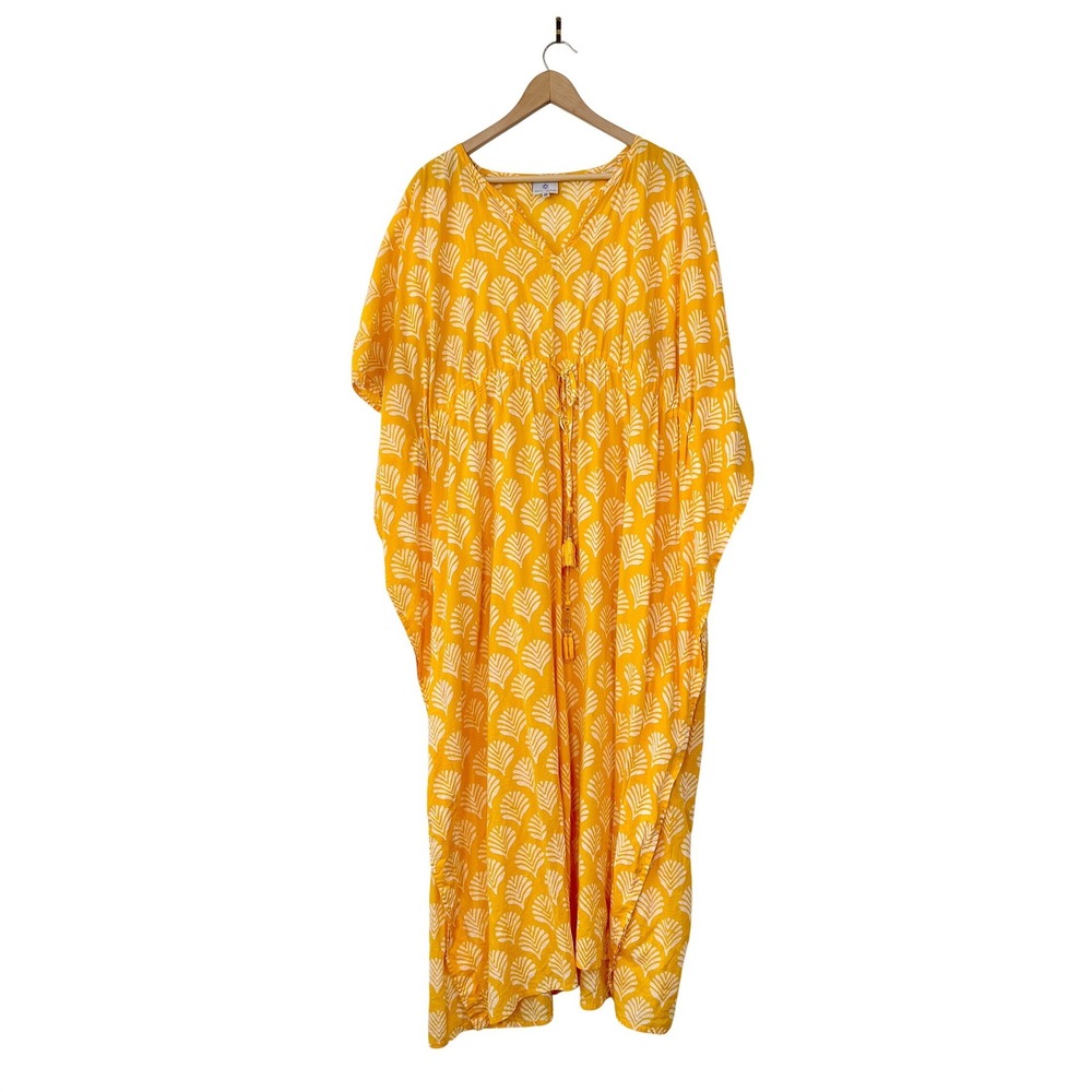 Pax Philomena Limoncello Maxi Kaftan‎ Dress Yellow Cotton Block Print One Size